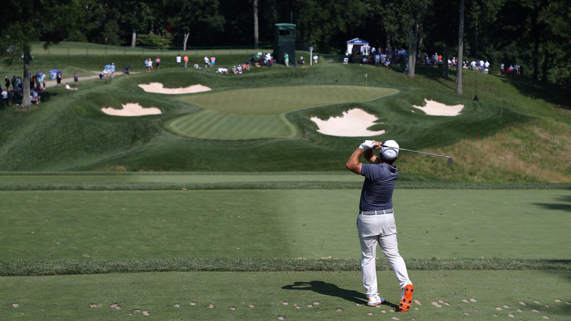 POTOMAC, MD - JULY 01: Francesco Molinari of Italy hits off the ninth tee during the final round of the Quicken Loans National at TPC Potomac on July 1, 2018 in Potomac, Maryland.  (Photo by Rob Carr/Getty Images)